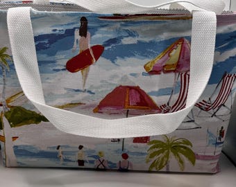 Square vinyl tote-great for the market or beach.Water proof-light weight. Beach themed