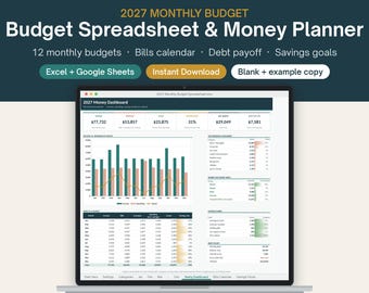 Puede incluir: Una hoja de cálculo de presupuesto mensual digital para 2027 y un planificador de dinero en una pantalla de portátil. La interfaz muestra un panel financiero con gráficos de barras, tablas, objetivos de ahorro y seguimiento de deudas.