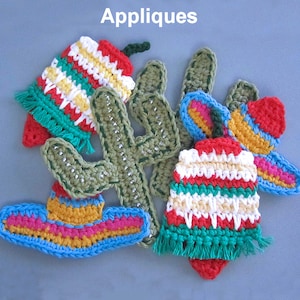 May include: A collection of colorful, crocheted appliques in various shapes, including a chili pepper, cactus, and sombrero. The appliques feature bright colors like red, green, yellow, and blue, with fringed edges and decorative stitching. The word "Appliques" is written in white text.