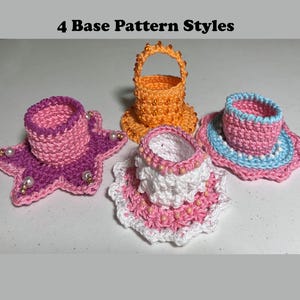 May include: Four crochet items in various styles are displayed. The items include a star-shaped coaster, a basket with a handle, and two cup-shaped items with decorative edges. The items are in shades of pink, orange, white, and blue, with beaded accents. Text at the top reads "4 Base Pattern Styles."
