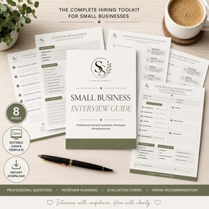 May include: A complete hiring toolkit for small businesses featuring a printed interview guide, multiple interview preparation and evaluation forms, and a black ballpoint pen. The documents include text headers like Small Business Interview Guide.