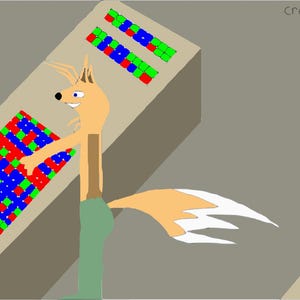 May include: A cartoon fox-like figure stands near pixelated panels with red, blue, and green squares. The image is set against a grey background, with the text "created by Nolan J 8/6/2025".