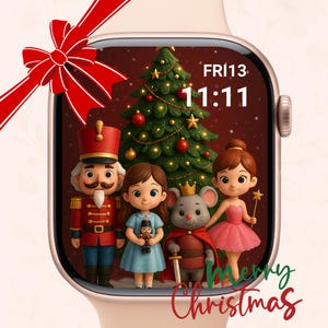 Könnte beinhalten: Eine Smartwatch mit einem weihnachtlichen Display. Der Bildschirm zeigt einen Weihnachtsbaum, Cartoonfiguren und die Uhrzeit 11:11 Uhr am Freitag, den 13. Eine rote Schleife ziert die obere linke Ecke, mit "Merry Christmas" unten.