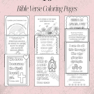 May include: Ten Bible verse coloring pages with various inspirational quotes and illustrations. The pages feature quotes like "I praise you because I am fearfully and wonderfully made" and "We love because He first loved us."