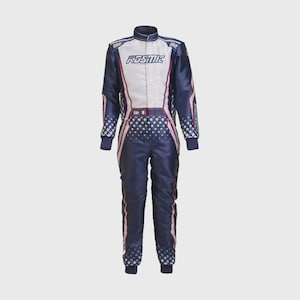 May include: A navy blue racing suit with white and red accents. The suit features a star pattern on the sleeves and legs, with the word "KOSMIC" across the chest. The suit has a high collar and is designed for motorsports.
