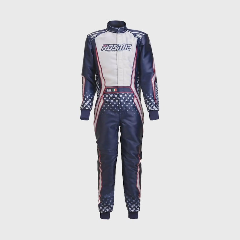 May include: A navy blue racing suit with white and red accents. The suit features a star pattern on the sleeves and legs, with the word "KOSMIC" across the chest. The suit has a high collar and is designed for motorsports.