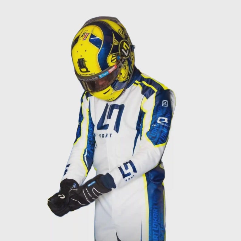 May include: A racing suit and helmet in white, blue, and yellow. The helmet has a yellow base with blue accents and a visor. The suit has blue and yellow trim, with the number "47" displayed prominently. The gloves are black.