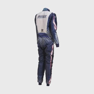 May include: A navy blue and white racing suit with a star pattern on the legs and sleeves. The suit has red and white stripes down the sides and the word "KOSMIC" on the back. The sleeves have the word "AMERICAN" printed on them.