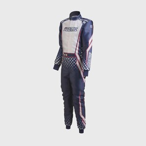 May include: A navy blue and white racing suit with red accents. The suit features the word "KOSMIC" in white on the chest and arms. The lower legs and sleeves have a star pattern.