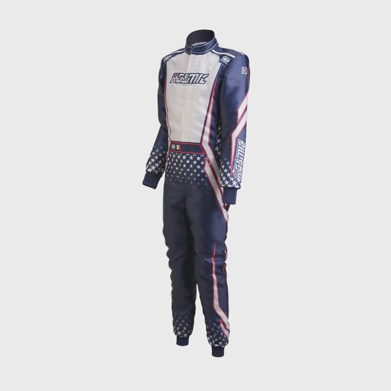 May include: A navy blue and white racing suit with red accents. The suit features the word "KOSMIC" in white on the chest and arms. The lower legs and sleeves have a star pattern.