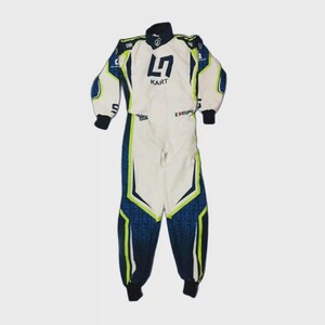 May include: White and navy blue racing suit with lime green accents. The suit features the text "L7 KART" on the chest and various sponsor logos. The suit has black cuffs and collar.