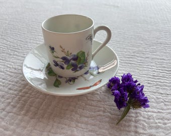 Vintage Limoges France Butterfly & Violet Espresso Cup and Saucer