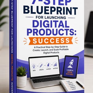 以下が含まれることがあります： 「The 7-Step Blueprint for Launching Digital Products: Success」というタイトルのハードカバー本。白い表紙には青い文字、オレンジ色のバナー、ビジネス関連のアイコンやテキストが表示されたノートパソコン、タブレット、ノートのグラフィックが描かれています。