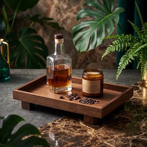 May include: A rectangular wooden tray with four short feet, holding a clear glass bottle filled with amber liquid, a brown glass candle jar with a beige label, and a small scattered pile of dark roasted coffee beans on the flat surface.