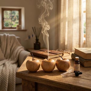 May include: Three wooden apple-shaped aromatherapy diffusers on a wooden table. A small bottle of essential oil and a dropper are next to the apples. Wisps of smoke rise from the table, suggesting the diffusers are in use.
