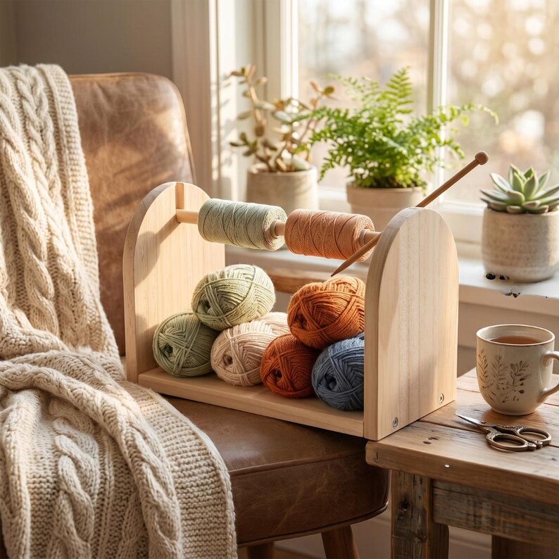 May include: A wooden yarn organizer holds various colors of yarn and thread. The yarn is in shades of green, orange, and blue. A wooden knitting needle is inserted into a spool of orange thread. A cream-colored cable-knit blanket is draped over a chair.