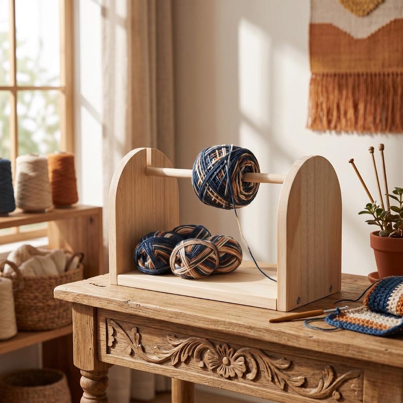 May include: A wooden yarn swift with a large ball of navy, tan, and cream yarn on a wooden dowel. Several smaller balls of the same yarn are below. The swift sits on a carved wooden table, with other yarn and knitting supplies in the background.