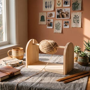 May include: A wooden yarn swift with a ball of brown yarn. The swift is on a table with a brown leather journal, a mug, and knitting needles. The background features framed art and plants, creating a cozy, craft-focused scene.