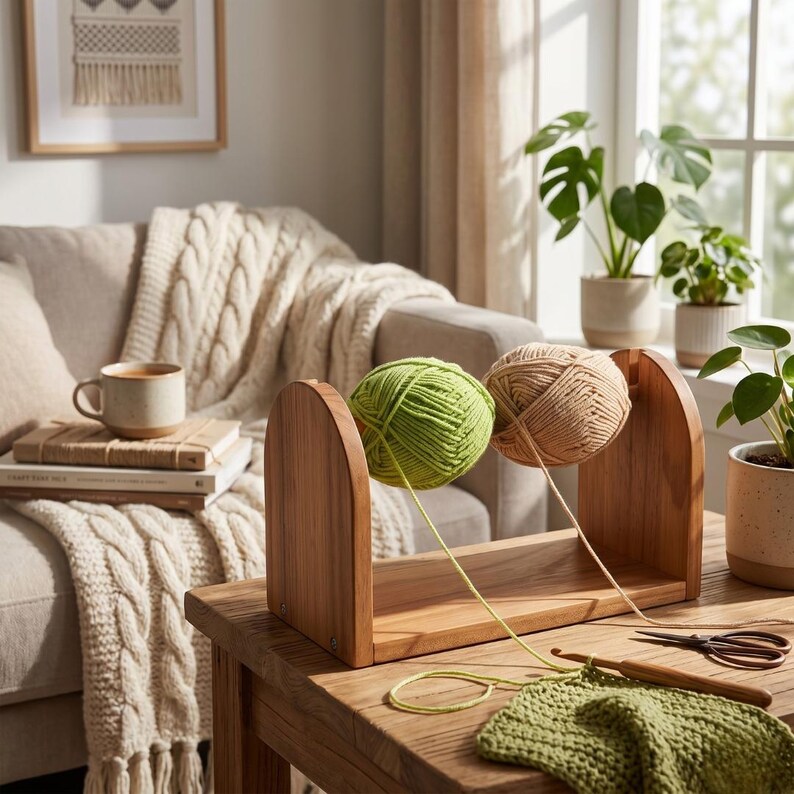 May include: A wooden yarn holder with two balls of yarn, one green and one tan, sits on a wooden table. A crochet project and scissors are also on the table. The scene is set in a cozy living room with a neutral color palette.