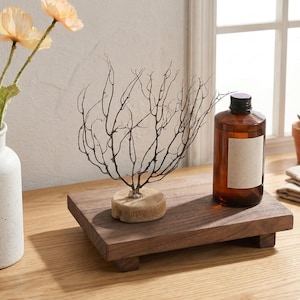 Puede incluir: Una bandeja de madera oscura exhibe una botella de vidrio marrón con tapa negra y etiqueta en blanco, junto a una escultura de ramas secas sobre una base de madera. La escena está cerca de una ventana.