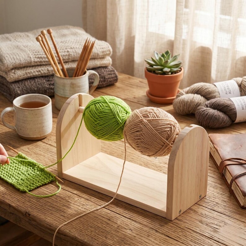 May include: A wooden yarn holder with two balls of yarn, one green and one tan, sits on a wooden table. Knitting needles and a mug of tea are nearby. A small succulent plant in a terracotta pot is also visible.
