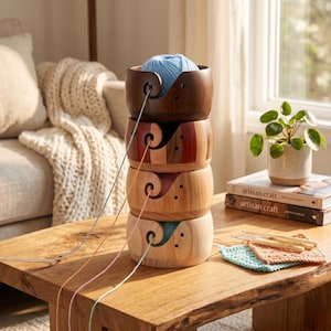 May include: Three wooden yarn bowls stacked on top of each other, with a ball of blue yarn in the top bowl. The bowls are in shades of brown and natural wood. Each bowl has a swirl-shaped yarn guide. Crochet hooks and squares are on the table.