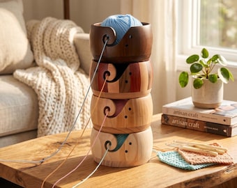 Wooden Yarn Bowl Holder, Swirl Cutout Knitting Organizer, Multicolor Crochet Wool Storage