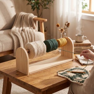 May include: A wooden yarn swift with three spools of yarn in cream, forest green, and mustard yellow. The yarn is being used to crochet a square pattern. The swift sits on a wooden table.