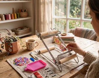 May include: A metal weaving loom with wooden rollers is set up on a wooden table. A colorful woven pattern is in progress. Various craft supplies, including beads, a pink tray, and tools, are arranged nearby, suggesting a craft project.
