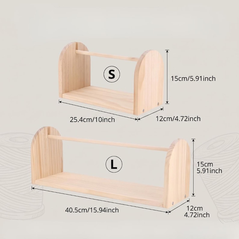 May include: Two wooden shelves, one labeled "S" and the other "L". The smaller shelf is 10 inches wide and 5.91 inches tall. The larger shelf is 15.94 inches wide and 5.91 inches tall. Both have a dowel rod.