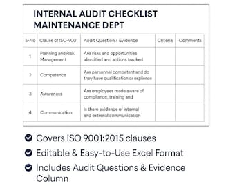 ISO 9001:2015 Internal Audit Checklist – Maintenance Department | Editable Excel Template | QMS Compliance Tool