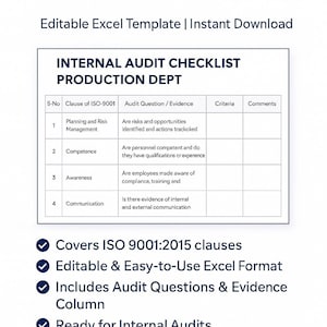 May include: A digital download document titled "ISO 9001:2015 Internal Audit Checklist - Production Dept." The document is an editable Excel template. The checklist includes sections for planning, competence, awareness, and communication, with audit questions and evidence columns.