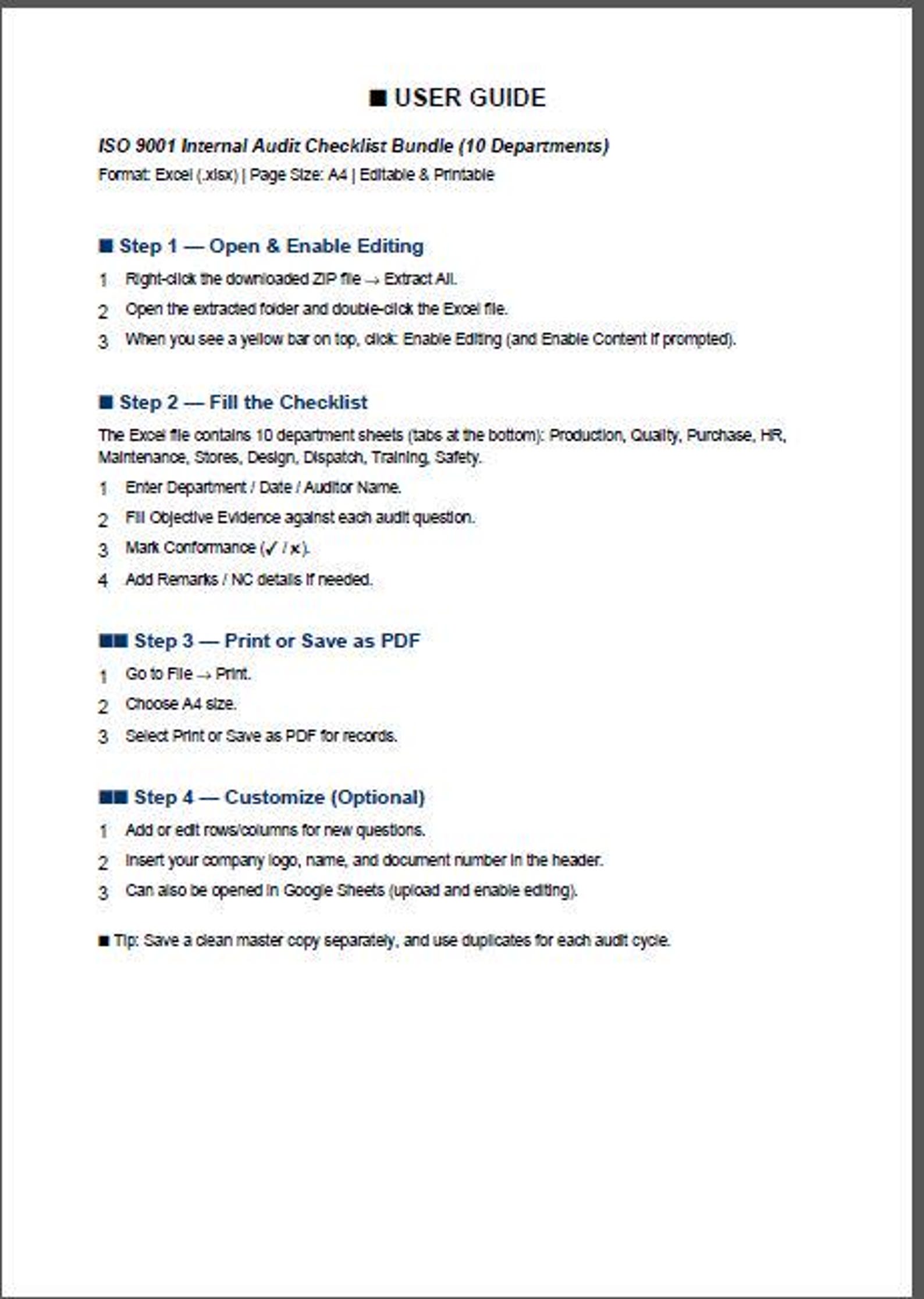 ISO 9001:2015 Internal Audit Checklist – Quality Department | Editable ...