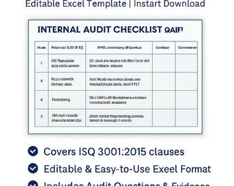 ISO 9001:2015 Internal Audit Checklist – Quality Department | Editable Excel Template | QMS Compliance Tool