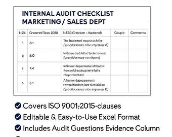 ISO 9001: 2015 Checkliste für interne Kontrollen – Marketing- und Verkaufsabteilung | Bearbeitbare Excel-Vorlage | Sofort Download