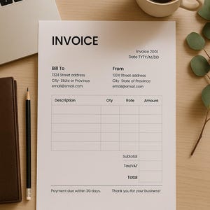 May include: An invoice with the title "INVOICE" is displayed on a wooden desk. A cup of coffee, a laptop, a pencil, and a notebook are also on the desk. The invoice includes fields for "Bill To" and "From" addresses, and a table for item descriptions.