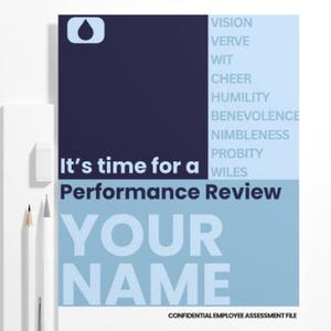 Puede incluir: Documento de revisión de desempeño azul y blanco con el texto "Es hora de una revisión de desempeño" y "TU NOMBRE". El documento también incluye una lista de palabras como "VISIÓN" y "VERVE".