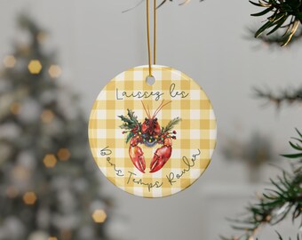 Personalized Cajun Christmas Ceramic Crawfish Ornament with Laissez Les Bons Temps Rouler Saying