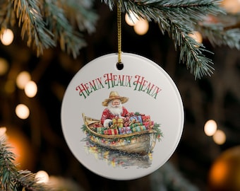 Cajun Santa Ceramic Christmas Ornament featuring a Canoe on the Bayou and Southern Saying
