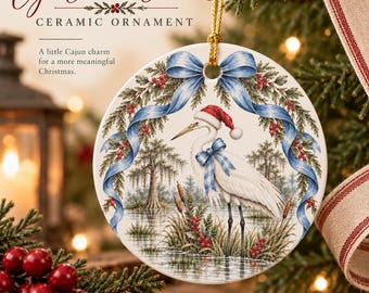 Cajun Christmas Ceramic Ornament, Santa Heron Bayou Egret, Blue Gingham (Ceramic)