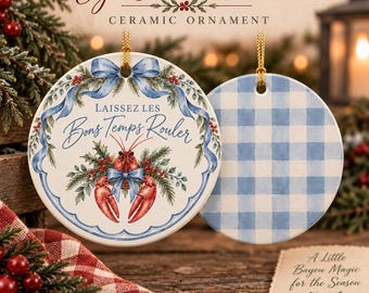 Cajun Christmas Ceramic Ornament – Crawfish, Gingham Bow, Laissez Les Bons Temps Rouler