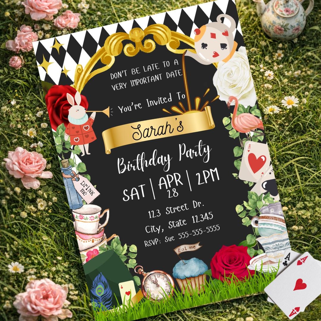 Editable Alice In Wonderland Tea Party Birthday Invitation Black And editable-alice-in-wonderland-tea-party-birthday-invitation-black-and