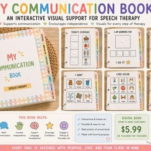 May include: A white binder titled My Communication Book with a pastel plaid border. The interior pages feature interactive visual supports for speech therapy, including schedules, emotion charts, core vocabulary grids, and first-then task sequences.