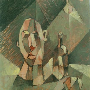 May include: Abstract cubist painting featuring a geometric head, a bottle, and a geometric shape. The artwork uses a muted color palette of greens, browns, and beige, with a textured, painted appearance. The composition is reminiscent of a still life.