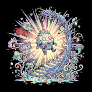 May include: A colorful illustration featuring a whimsical scene with an egg-shaped character, a grinning cat, and a wolf in a red cape. The artwork includes a staircase, mushrooms, and a tree with lanterns, all set against a radiant background.