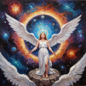 Puede incluir: Pintura al óleo de una figura celestial con grandes alas blancas, de pie sobre una piedra. La figura lleva un vestido blanco, con los brazos extendidos, sobre un fondo de nebulosa colorida y estrellas. La obra evoca espiritualidad.