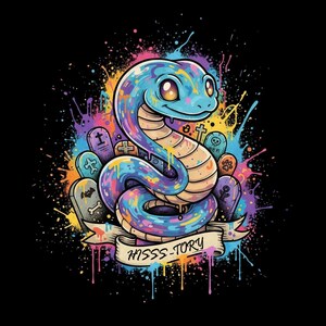 May include: A cartoon illustration of a blue snake with colourful paint splatter effects. The snake is coiled with a smiling face, surrounded by tombstones and a banner that reads "HISSS-TORY". The background is black.