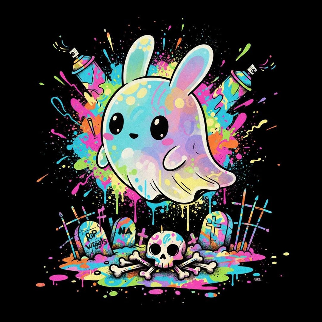 Kawaii Ghost Bunny PNG: Creepy Cute Halloween Graffiti (300 DPI