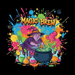 Peut inclure: Illustration d'une sorcière remuant un chaudron bouillonnant avec l'inscription "MAGIC BREW". La sorcière porte une robe et un chapeau violets, entourée d'éclaboussures de peinture colorées et de fioles de potion sur fond noir.