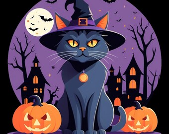 Witchy Black Cats PNG Bundle, Spooky Halloween Decor (Digital Download)